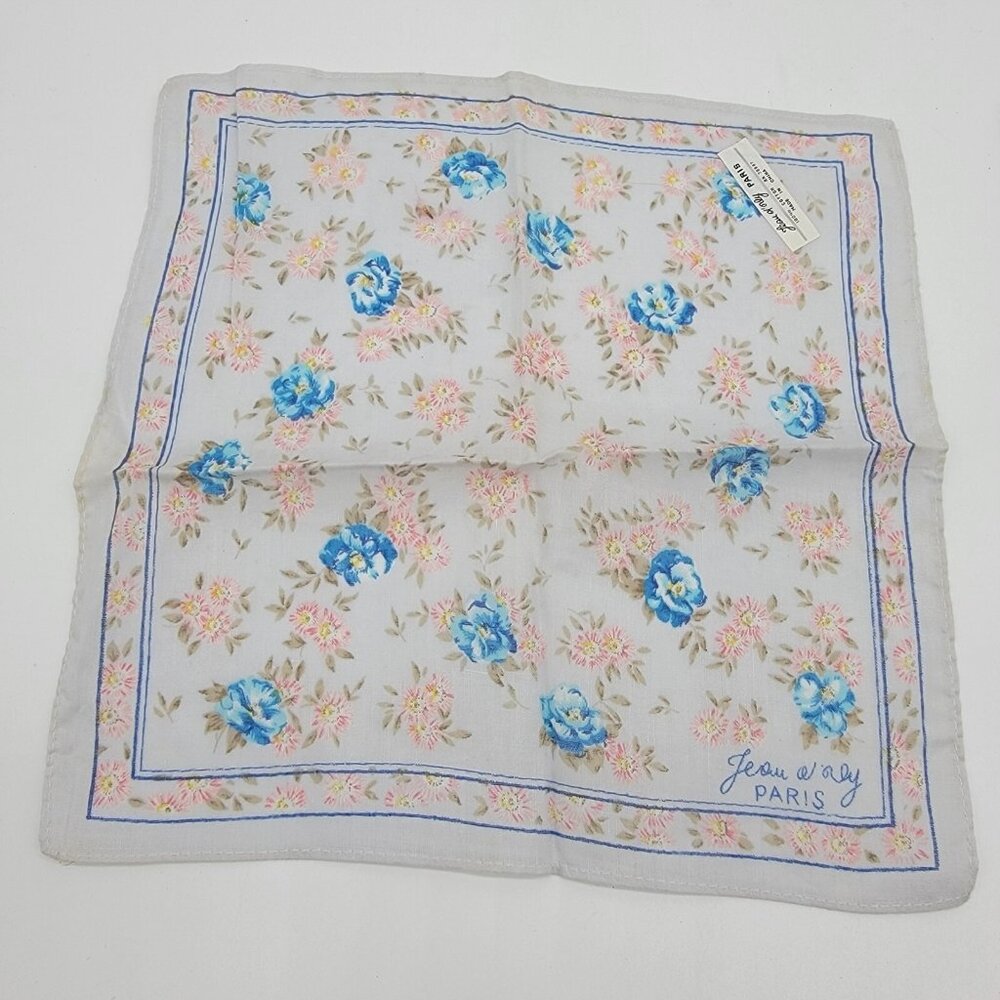 Vintage Jeou d'orly Paris Blue Pink Floral Handkerchief/Hankie Cotton w/ Sticker
